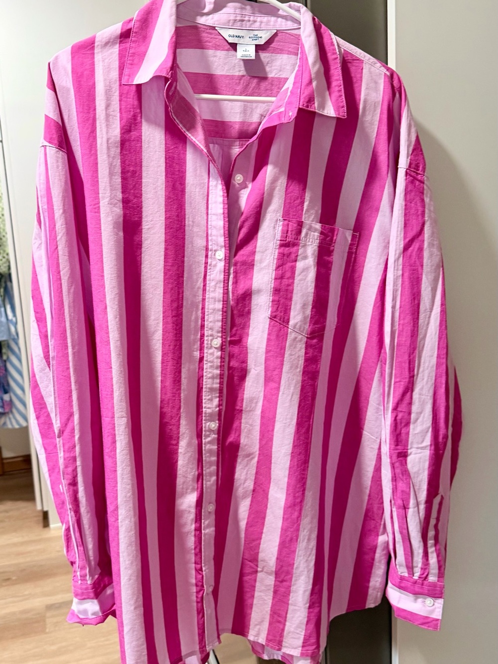 WOMEN’S TALL - Old Navy Pink and Light Pink Vertical Stripe Button-Down Shirt